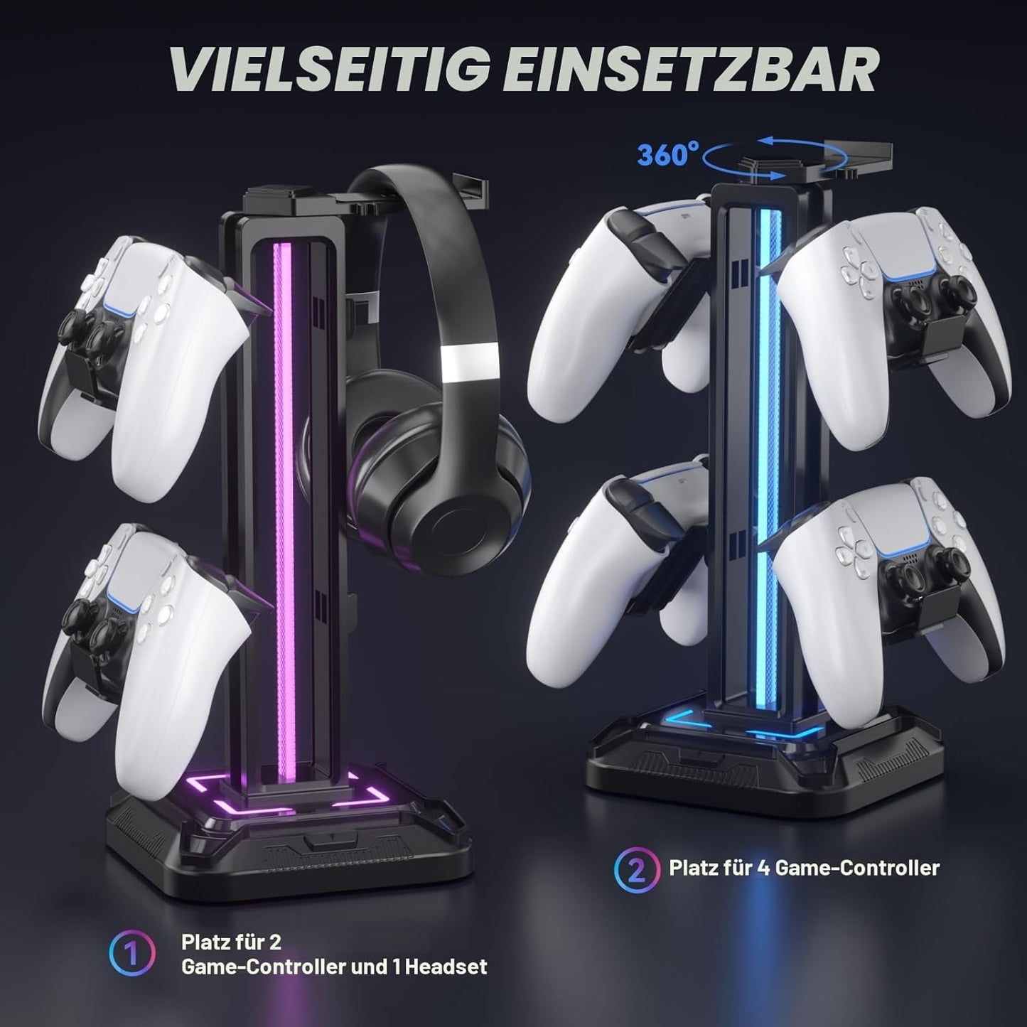 KDD Gaming Kopfhörer Ständer Led Mit 9 Lichtmodi - Drehbarer Headset Halterung Tisch Mit Abnehmbarer Controller Halterung - Headset Ständer Gaming Zubehör Für Gamer PC Xbox ONE Ps5(Schwarz)