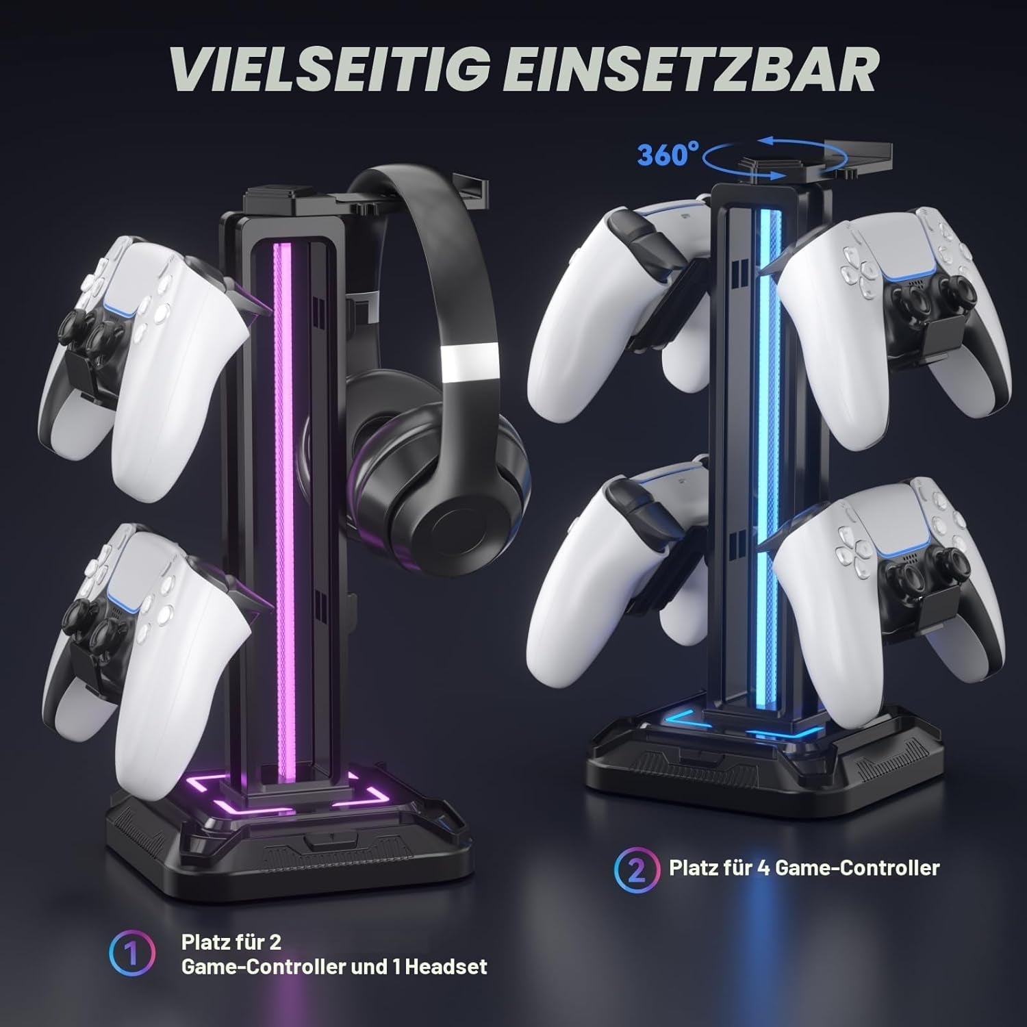 KDD Gaming Kopfhörer Ständer Led Mit 9 Lichtmodi - Drehbarer Headset Halterung Tisch Mit Abnehmbarer Controller Halterung - Headset Ständer Gaming Zubehör Für Gamer PC Xbox ONE Ps5(Schwarz)