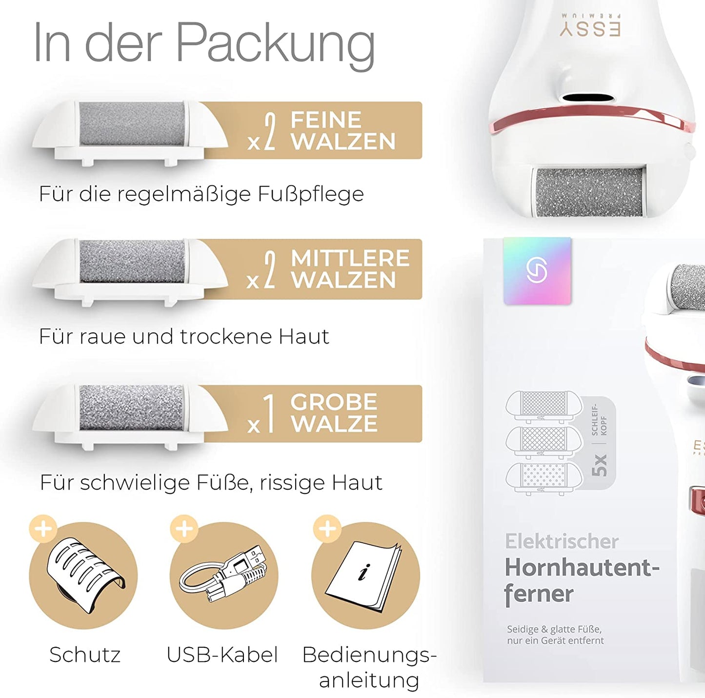 Essy Hornhautentferner Elektrisch Mit 5 Ersatzrollen Hornhaut Entfernen Fuß Elektrischer Hornhautentferner Elektrisch Testsieger Elektrische Hornhautentfernung Hornhaut Pediküre Set Fußpflege (Weiß)