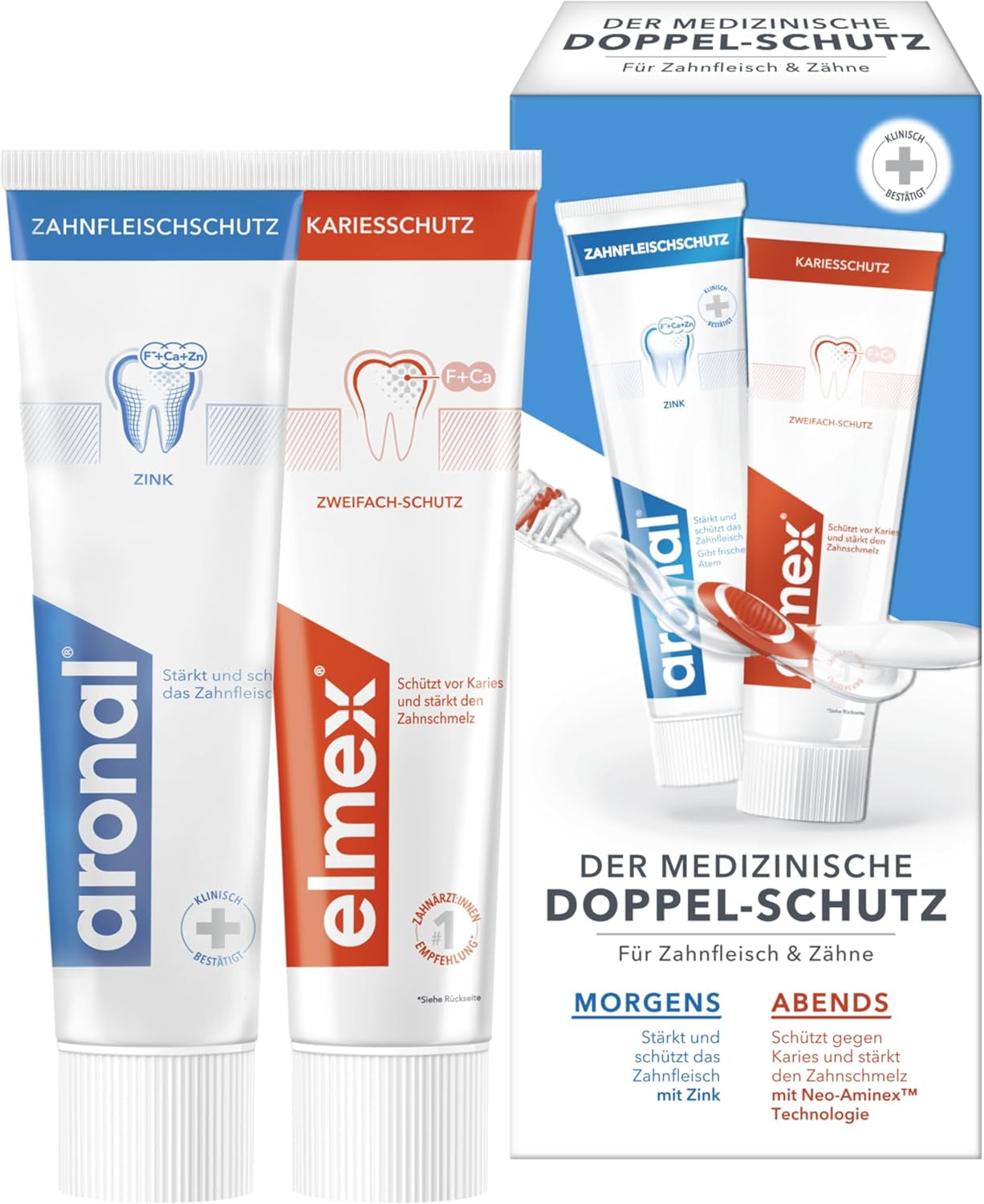 Aronal® Und Elmex® Doppel-Schutz Zahnpasta, Mit Zink & Mit Neo-Aminex™ Technologie 2X75 Ml