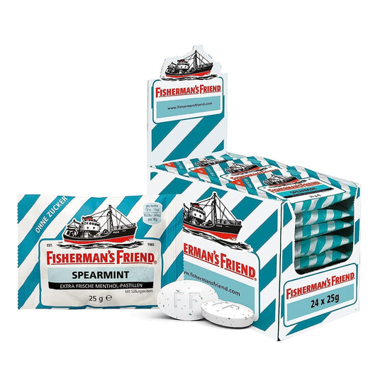 Fisherman'S Friend Spearmint, 24Er Vorratsbox, Grüne Minze Und Menthol Geschmack, Zuckerfrei & Vegan, Bonbons Für Frischen Atem, 24 X 25G