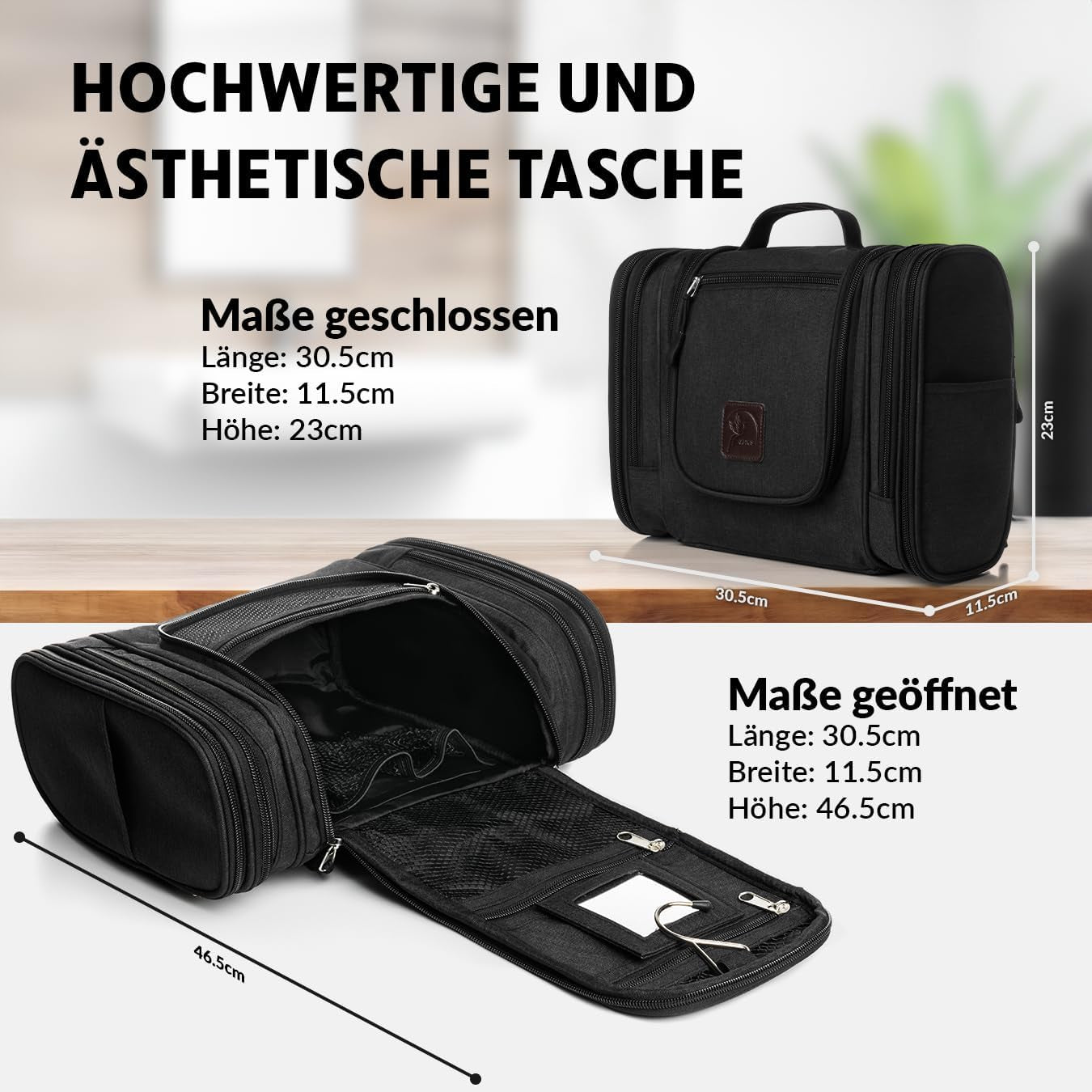 Obics Kulturbeutel Damen & Herren Groß 8L XL - Kulturtasche Zum Aufhängen, Mit Spiegel & Reise-Tasche - Outdoor Kosmetik-Tasche Groß Als Geschenke-Set Mit 10 Fächer Für Camping & Reisen, Schwarz