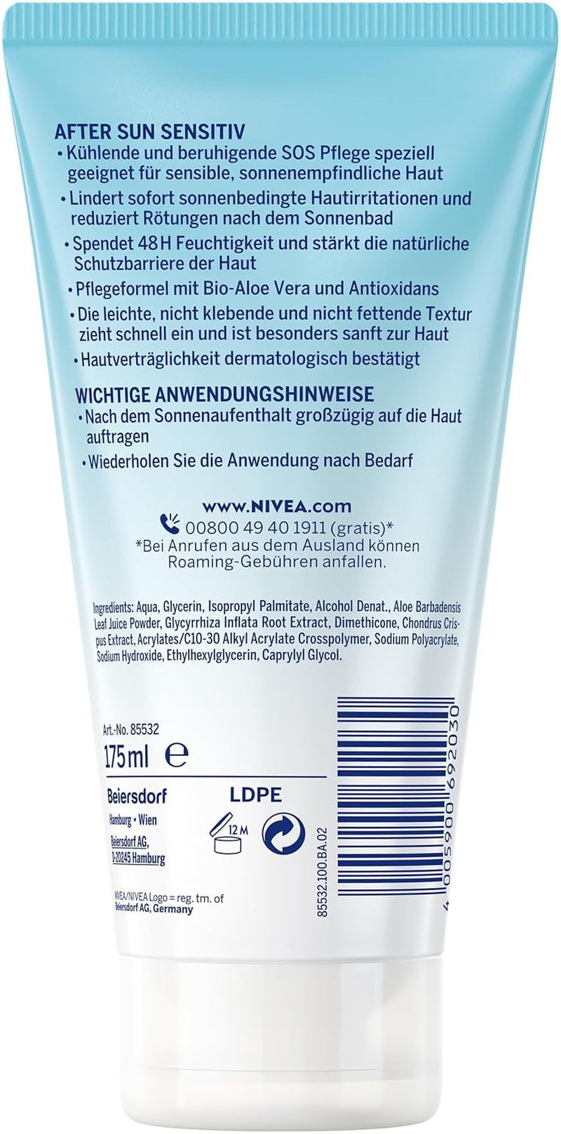 NIVEA SUN after Sun Sensitiv SOS Creme-Gel (175 Ml), Kühlendes after Sun Gel Mit Hautberuhigender Wirkung, Hautgel Mit Bio-Aloe Vera Und Antioxidans Für Sensible Haut