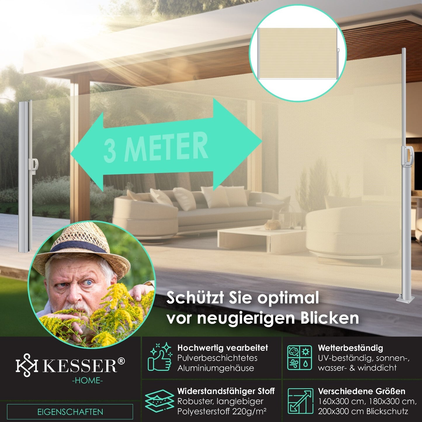 KESSER® Alu Seitenmarkise Ausziehbar Markise Wind Sonne Sicht Schutz Seitenrollo