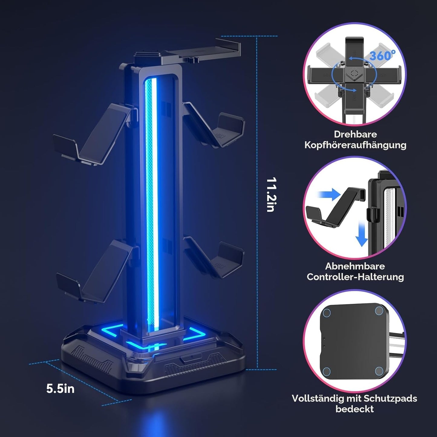 KDD Gaming Kopfhörer Ständer Led Mit 9 Lichtmodi - Drehbarer Headset Halterung Tisch Mit Abnehmbarer Controller Halterung - Headset Ständer Gaming Zubehör Für Gamer PC Xbox ONE Ps5(Schwarz)