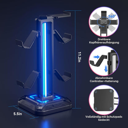 KDD Gaming Kopfhörer Ständer Led Mit 9 Lichtmodi - Drehbarer Headset Halterung Tisch Mit Abnehmbarer Controller Halterung - Headset Ständer Gaming Zubehör Für Gamer PC Xbox ONE Ps5(Schwarz)
