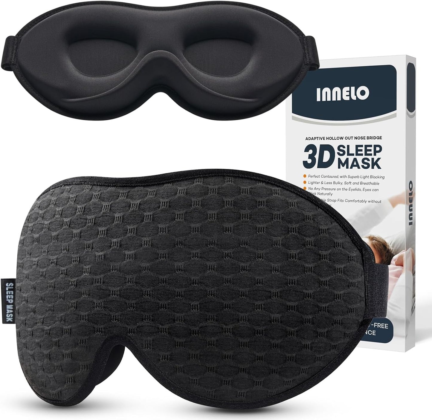 INNELO Schlafmaske Für Herren Frauen, 2024 Bequeme Atmungsaktive 3D Augenmaske, Mit Tiefen Augenhöhlen Und Erhöhten Nasenpads, 100％ Lichtblockierende Schlafbrille Mit Memory Foam Für Reisen, Schwarz