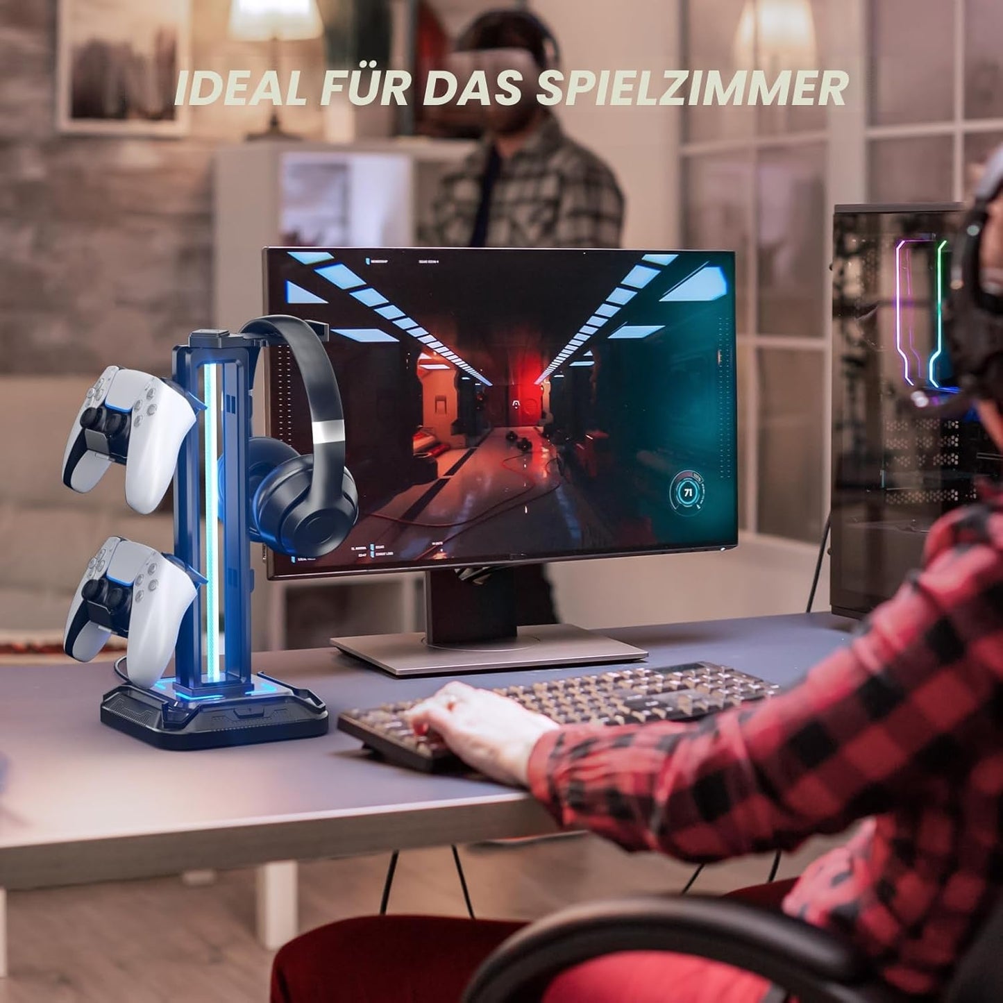 KDD Gaming Kopfhörer Ständer Led Mit 9 Lichtmodi - Drehbarer Headset Halterung Tisch Mit Abnehmbarer Controller Halterung - Headset Ständer Gaming Zubehör Für Gamer PC Xbox ONE Ps5(Schwarz)