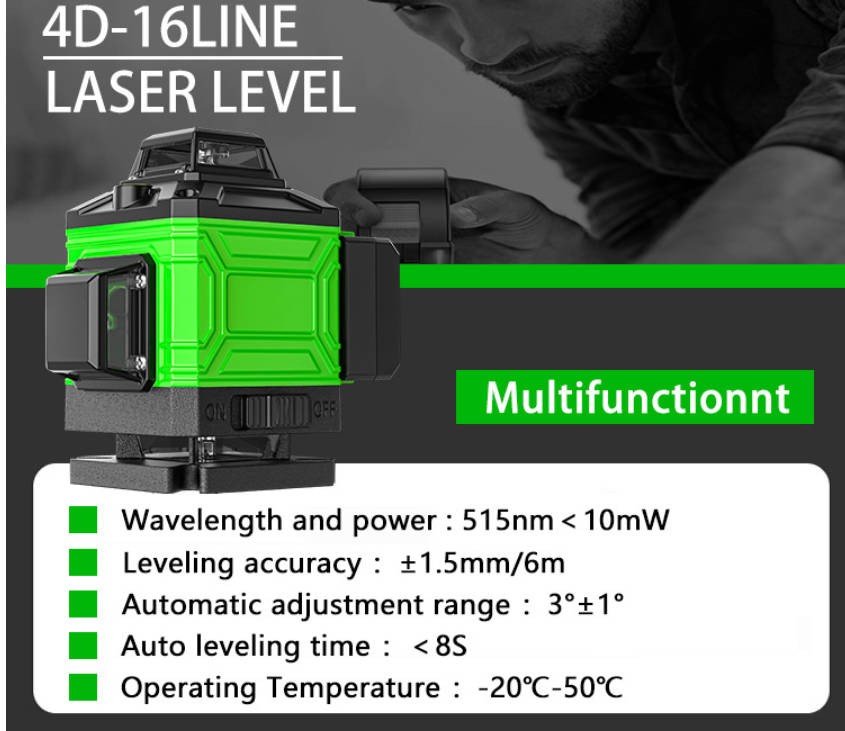 16 Linien 4D Laser-Nivelliergerät 360° – Selbstnivellierender Kreuzlinienlaser Set