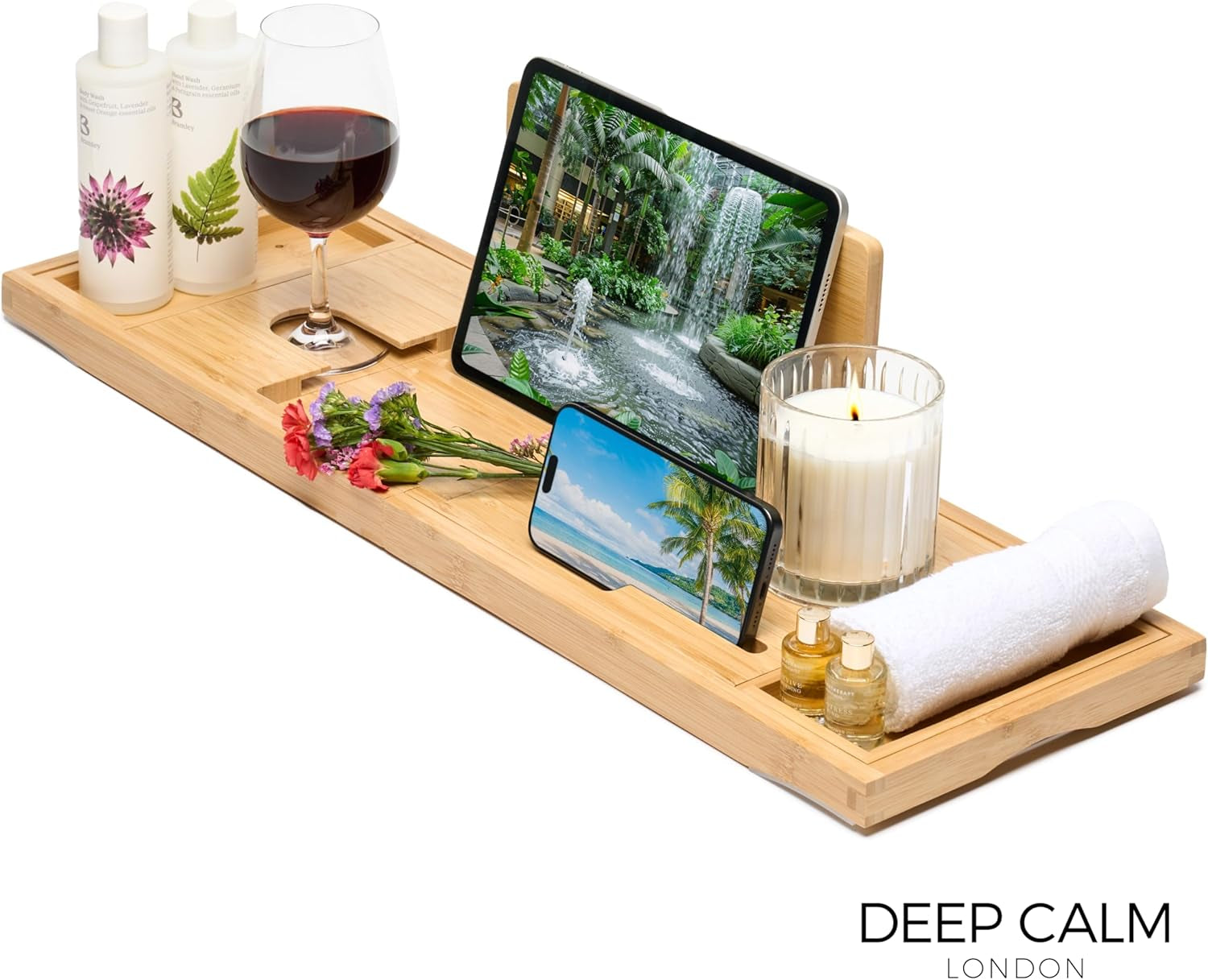 Badewannenablage - Verstellbares Bambus-Badewannenbrett - Rutschfeste Badewannenablage Passend Für Die Meisten Badewannen - Hält Buch, Ipad, Telefon, Glas, Kerze