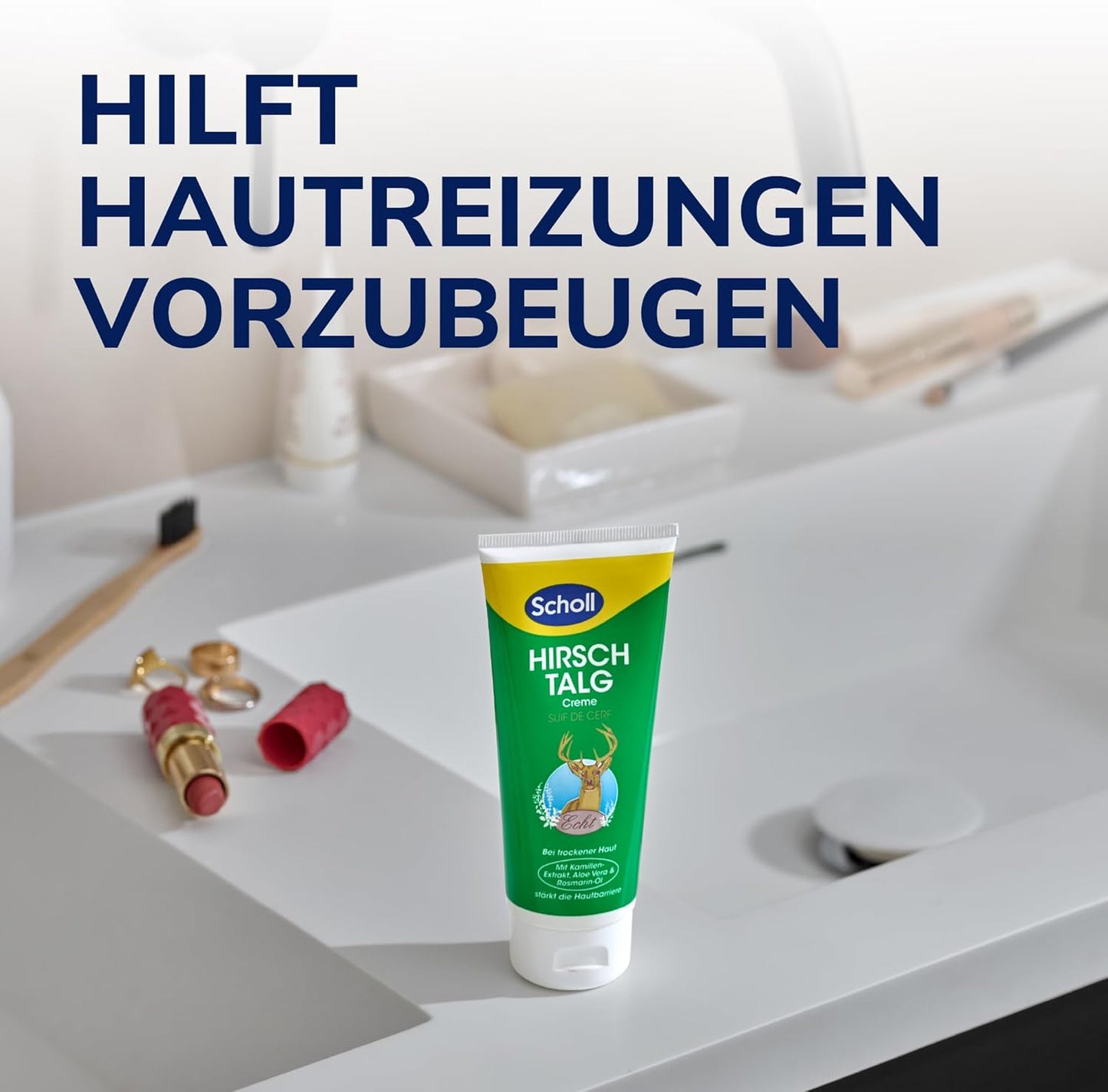 Scholl Hirschtalgcreme 100 Ml - Fußcreme Gegen Hornhaut Und Feuchtigkeitscreme Für Hände Und Füße, Fußpflege Für Trockene Haut Mit Kamille, Aloe Vera Und Rosmarinöl, Hautglättend, Ph-Hautneutral